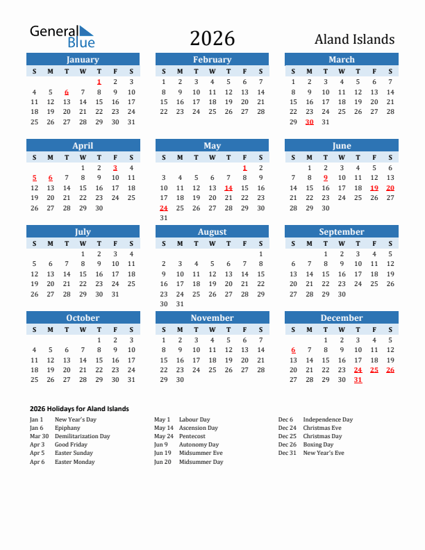 Printable Calendar 2026 with Aland Islands Holidays (Sunday Start)