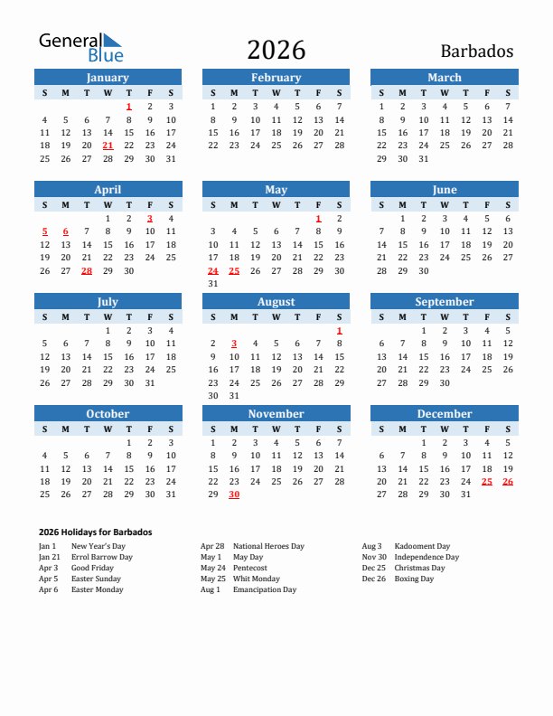 Printable Calendar 2026 with Barbados Holidays (Sunday Start)
