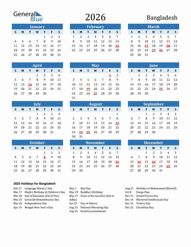 Printable Calendar 2026 with Bangladesh Holidays (Sunday Start)