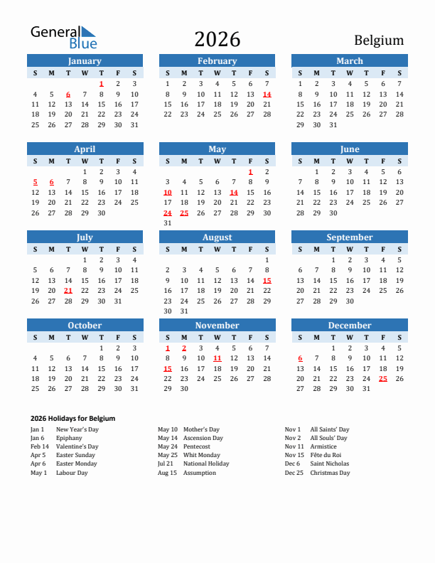 Printable Calendar 2026 with Belgium Holidays (Sunday Start)