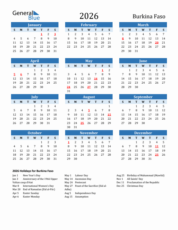 Printable Calendar 2026 with Burkina Faso Holidays (Sunday Start)