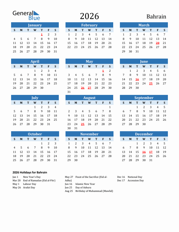Printable Calendar 2026 with Bahrain Holidays (Sunday Start)