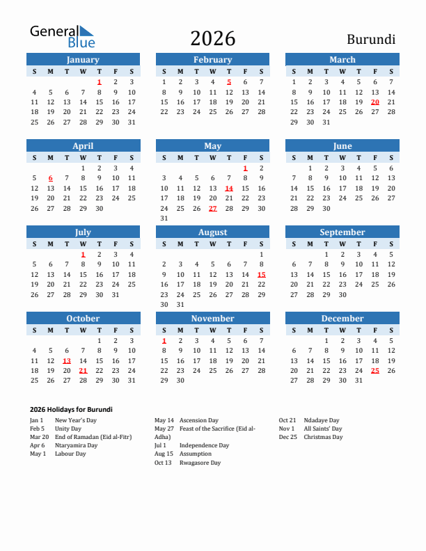 Printable Calendar 2026 with Burundi Holidays (Sunday Start)