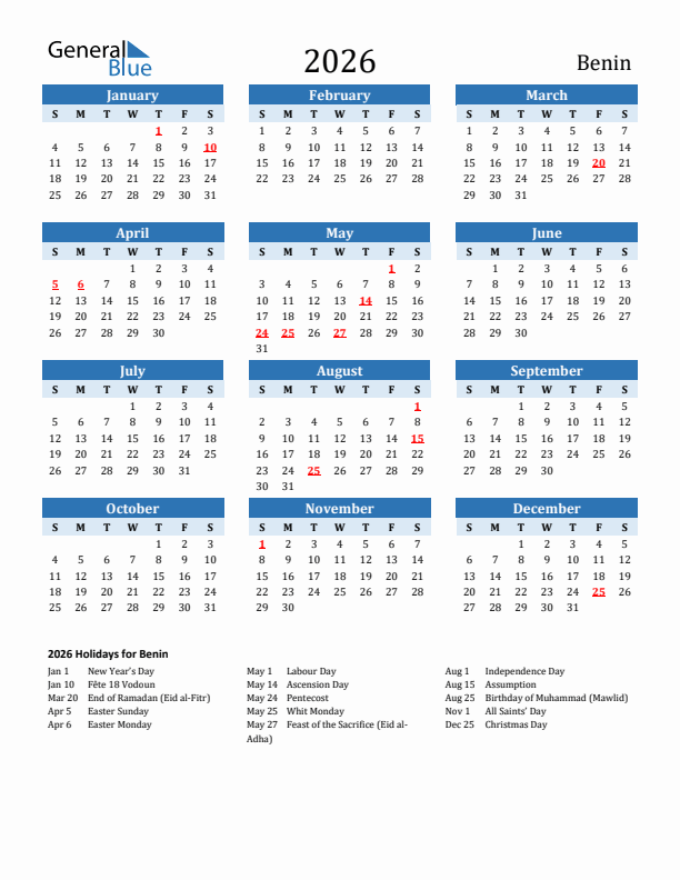 Printable Calendar 2026 with Benin Holidays (Sunday Start)