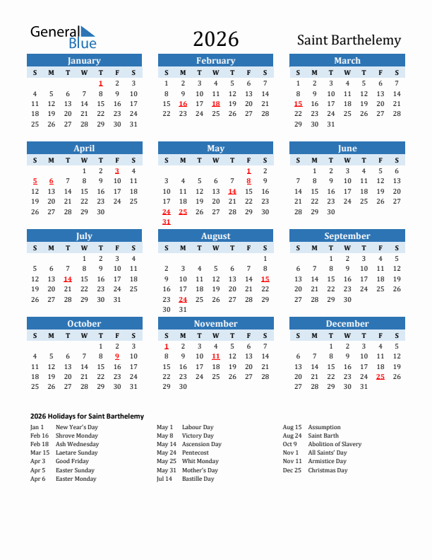 Printable Calendar 2026 with Saint Barthelemy Holidays (Sunday Start)