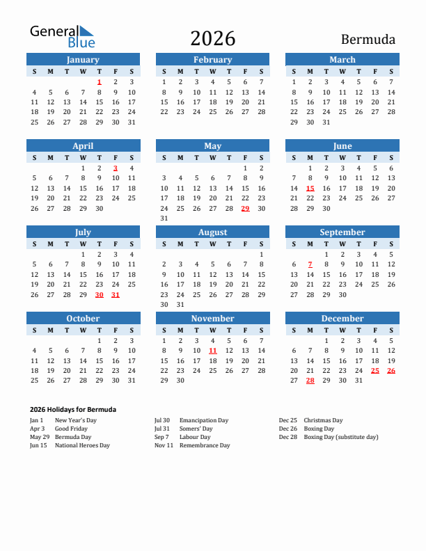 Printable Calendar 2026 with Bermuda Holidays (Sunday Start)