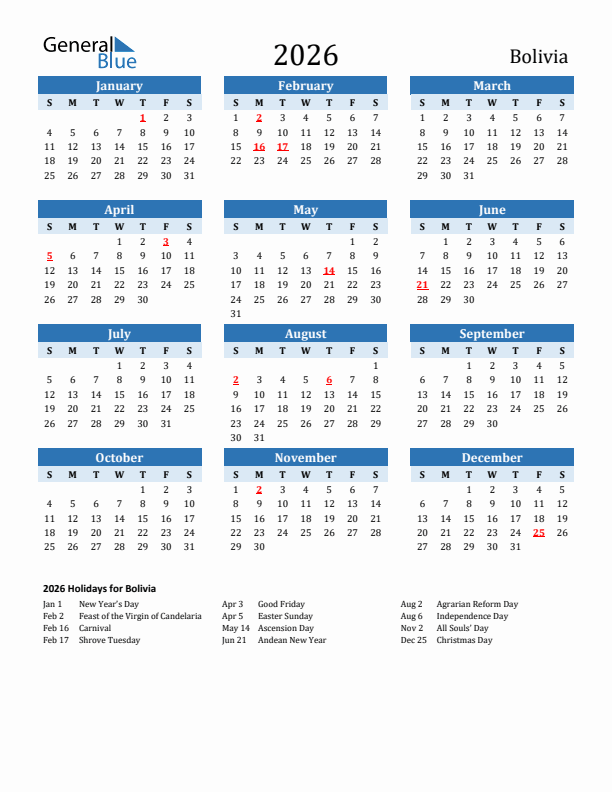 Printable Calendar 2026 with Bolivia Holidays (Sunday Start)