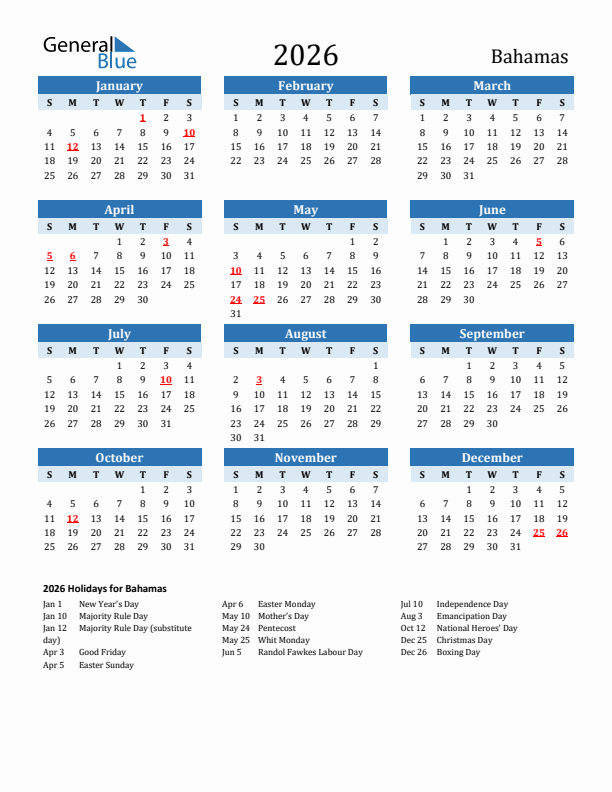 Printable Calendar 2026 with Bahamas Holidays (Sunday Start)