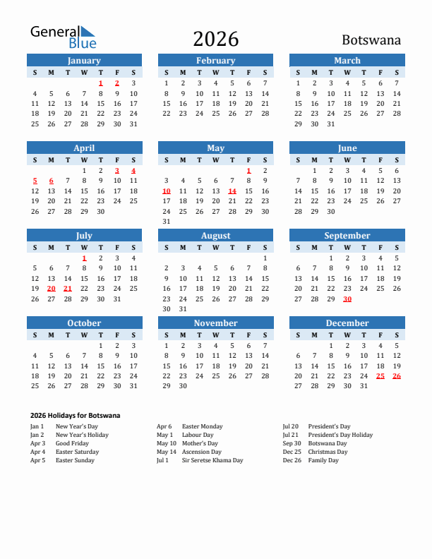 Printable Calendar 2026 with Botswana Holidays (Sunday Start)