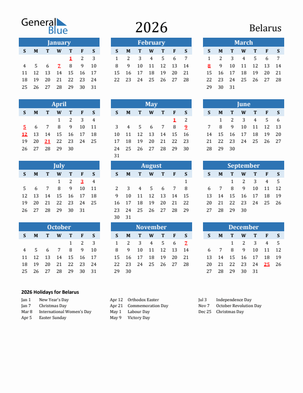 Printable Calendar 2026 with Belarus Holidays (Sunday Start)