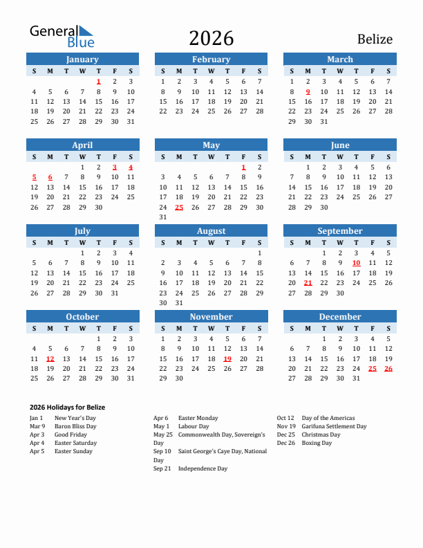 Printable Calendar 2026 with Belize Holidays (Sunday Start)