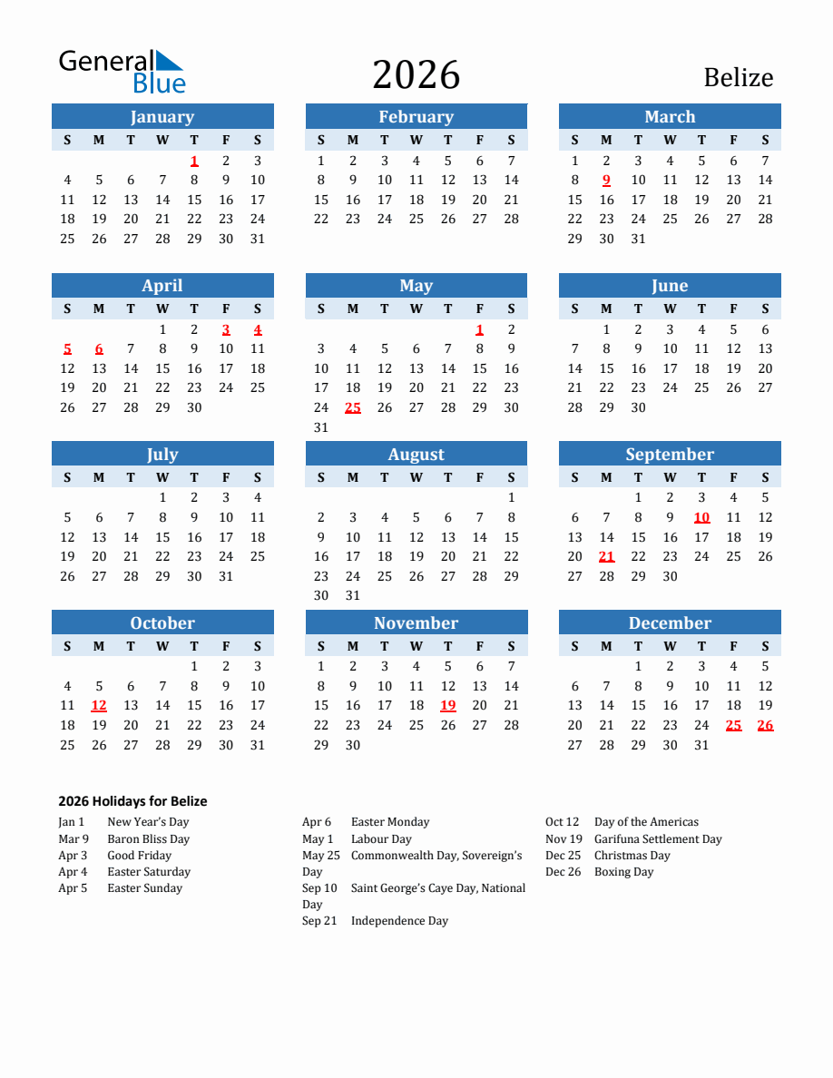 2026 Printable Calendar With Belize Holidays