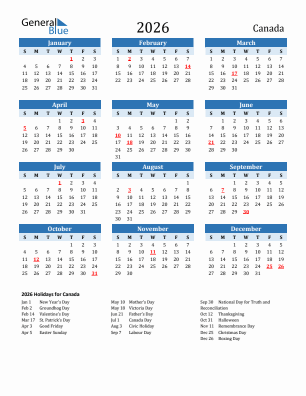 Printable Calendar 2026 with Canada Holidays (Sunday Start)