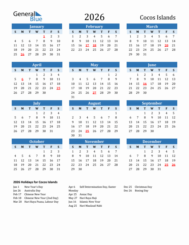Printable Calendar 2026 with Cocos Islands Holidays (Sunday Start)