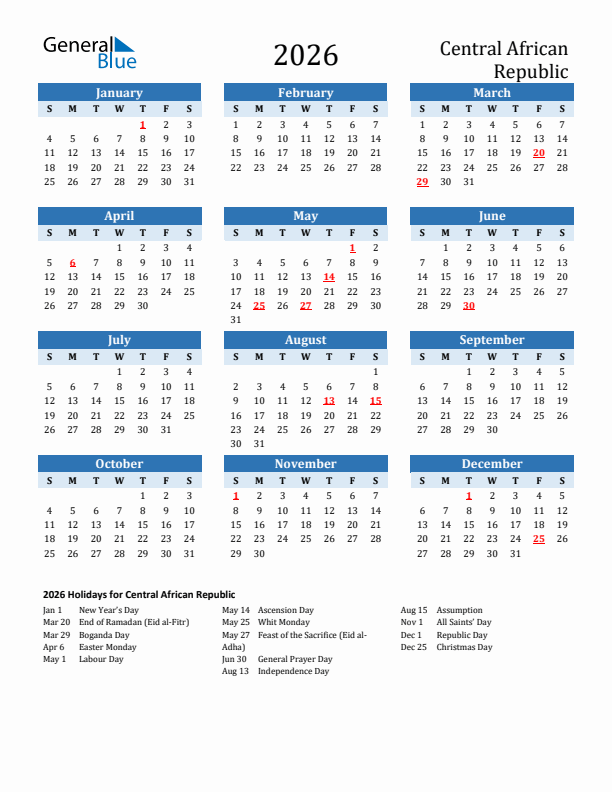 Printable Calendar 2026 with Central African Republic Holidays (Sunday Start)
