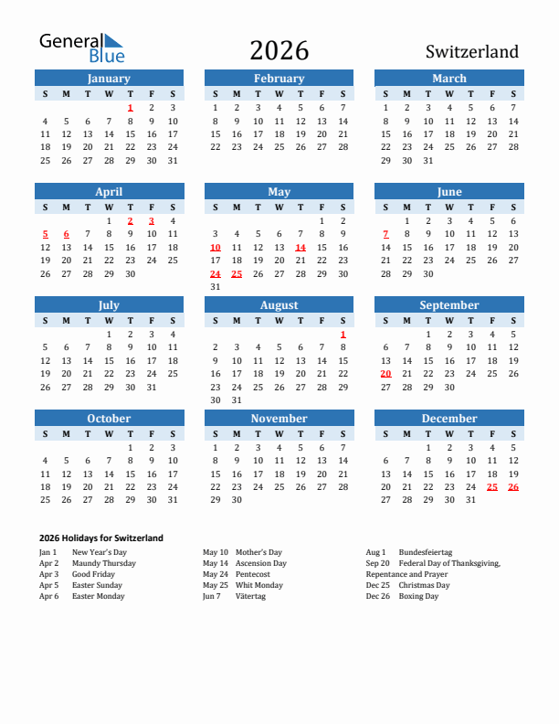 Printable Calendar 2026 with Switzerland Holidays (Sunday Start)