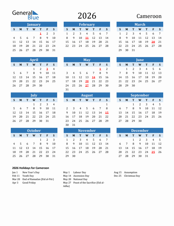 Printable Calendar 2026 with Cameroon Holidays (Sunday Start)