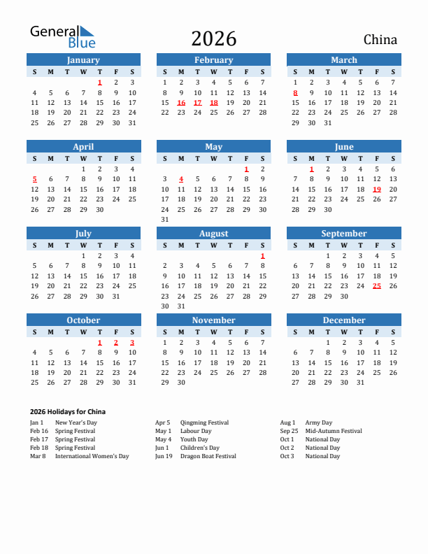 Printable Calendar 2026 with China Holidays (Sunday Start)