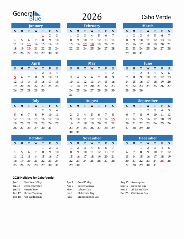 Printable Calendar 2026 with Cabo Verde Holidays (Sunday Start)