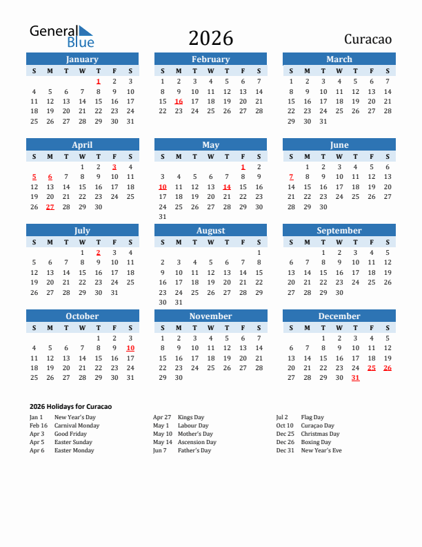 Printable Calendar 2026 with Curacao Holidays (Sunday Start)