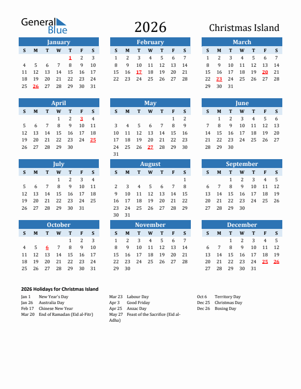 Printable Calendar 2026 with Christmas Island Holidays (Sunday Start)