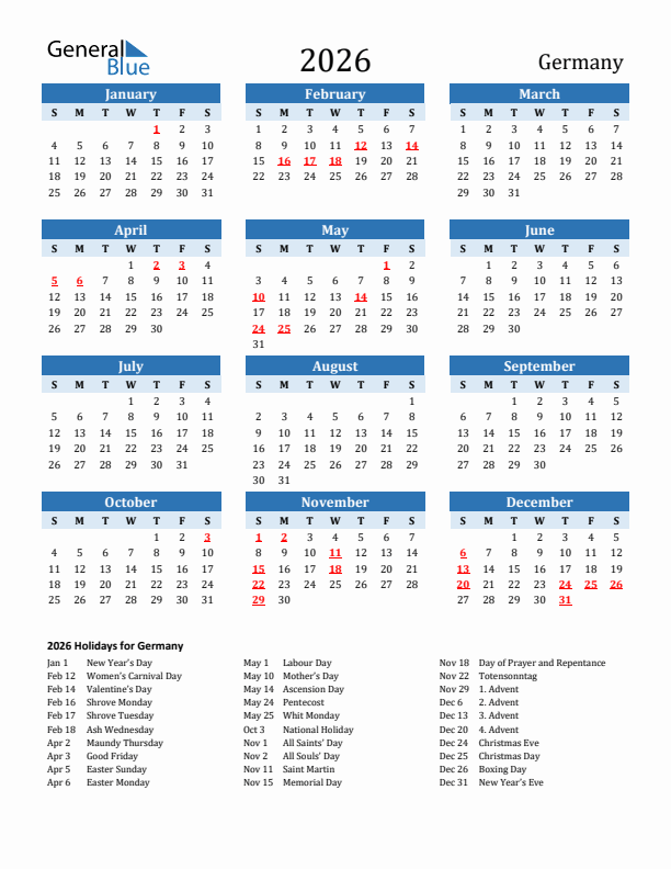 Printable Calendar 2026 with Germany Holidays (Sunday Start)