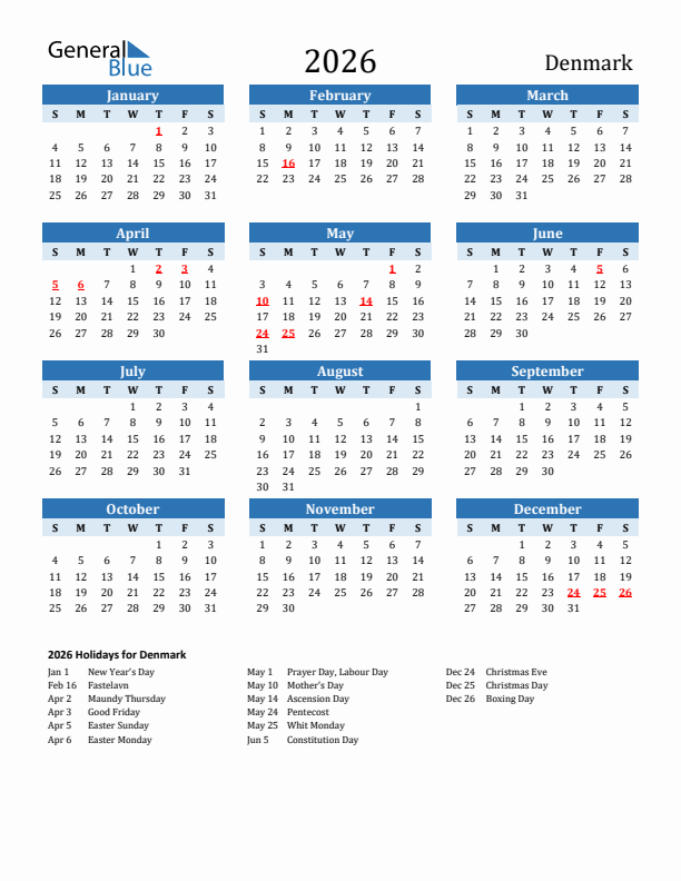 Printable Calendar 2026 with Denmark Holidays (Sunday Start)