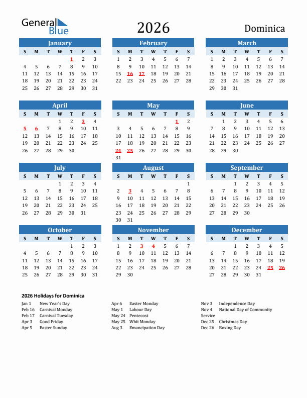 Printable Calendar 2026 with Dominica Holidays (Sunday Start)