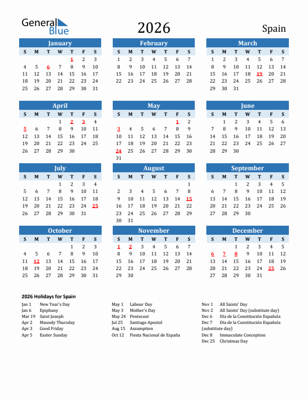 Printable Calendar 2026 with Spain Holidays (Sunday Start)