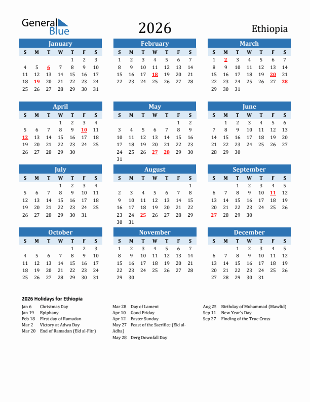 Printable Calendar 2026 with Ethiopia Holidays (Sunday Start)