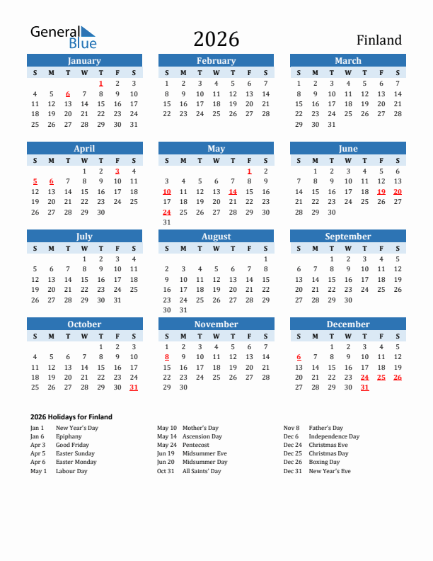 Printable Calendar 2026 with Finland Holidays (Sunday Start)
