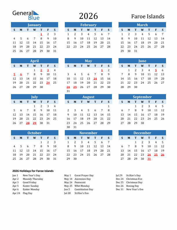 Printable Calendar 2026 with Faroe Islands Holidays (Sunday Start)