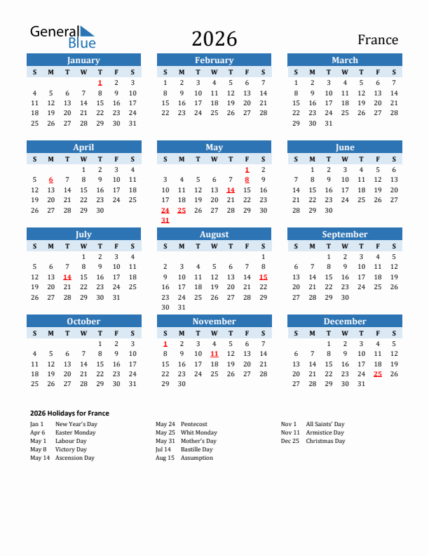Printable Calendar 2026 with France Holidays (Sunday Start)
