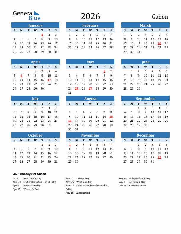 Printable Calendar 2026 with Gabon Holidays (Sunday Start)
