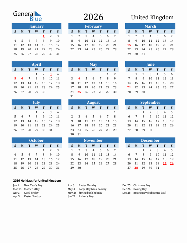 Printable Calendar 2026 with United Kingdom Holidays (Sunday Start)