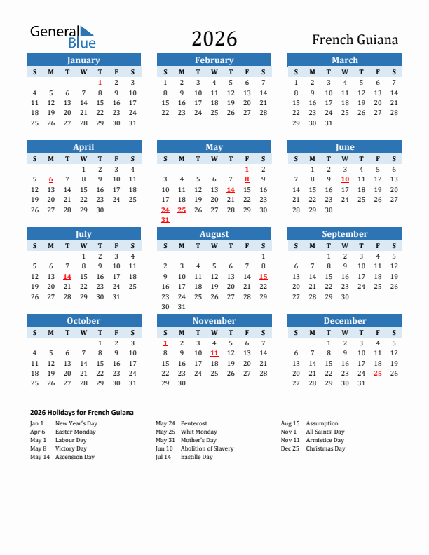 Printable Calendar 2026 with French Guiana Holidays (Sunday Start)