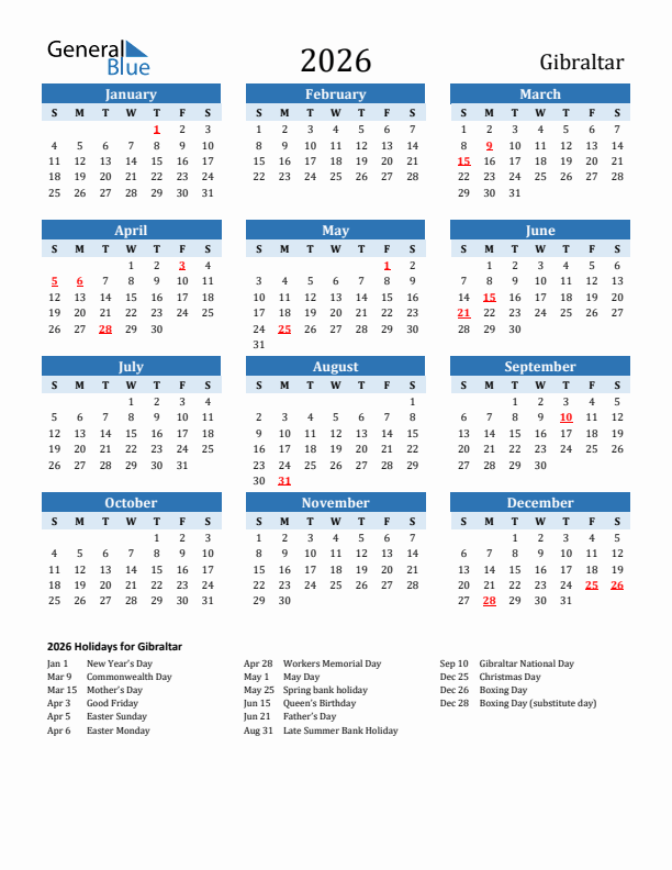 Printable Calendar 2026 with Gibraltar Holidays (Sunday Start)