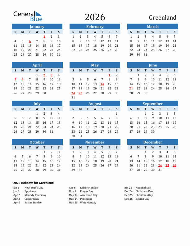 Printable Calendar 2026 with Greenland Holidays (Sunday Start)