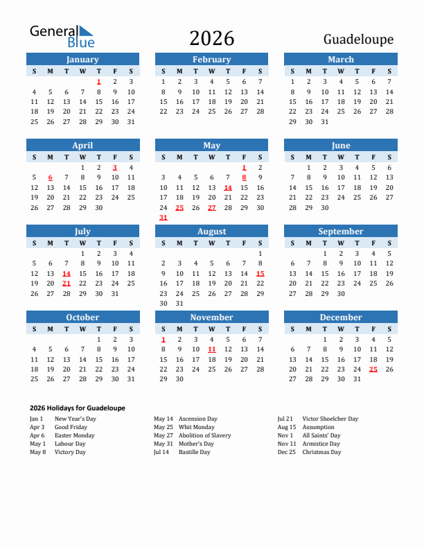 Printable Calendar 2026 with Guadeloupe Holidays (Sunday Start)