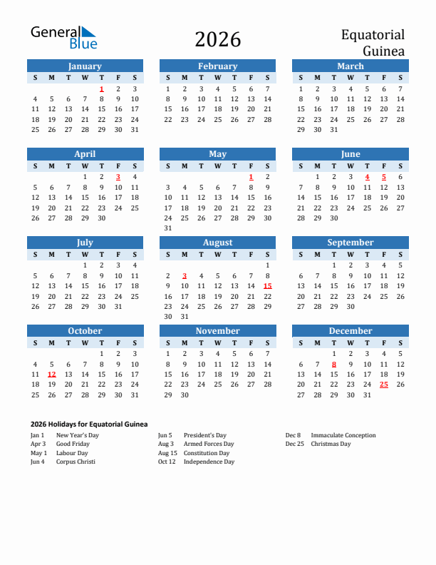 Printable Calendar 2026 with Equatorial Guinea Holidays (Sunday Start)