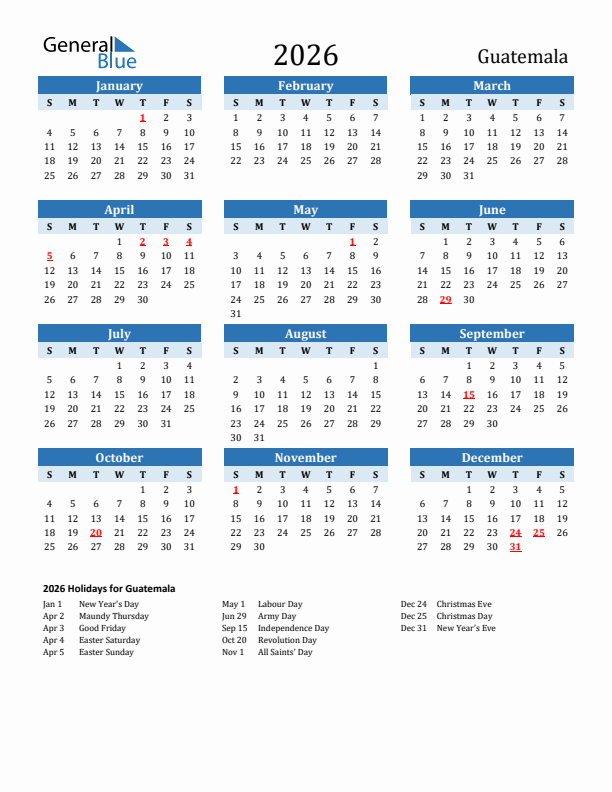 Printable Calendar 2026 with Guatemala Holidays (Sunday Start)