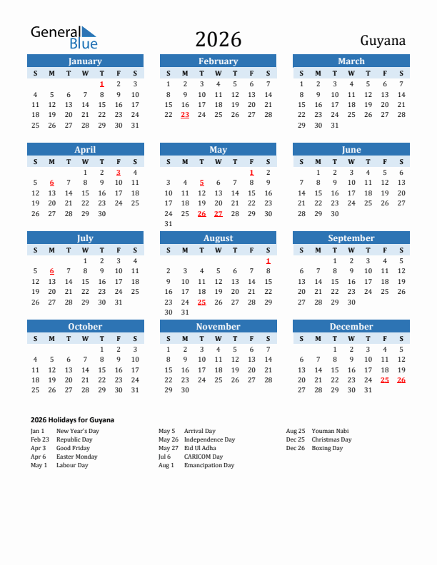 Printable Calendar 2026 with Guyana Holidays (Sunday Start)