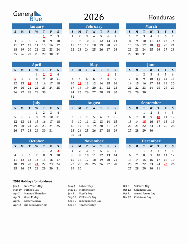 Printable Calendar 2026 with Honduras Holidays (Sunday Start)