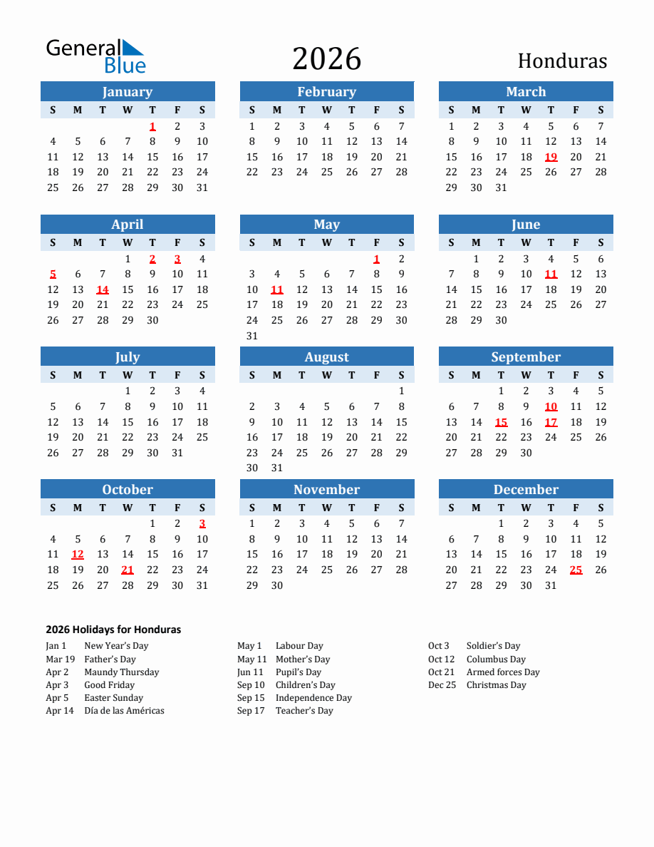 2026 Printable Calendar with Honduras Holidays