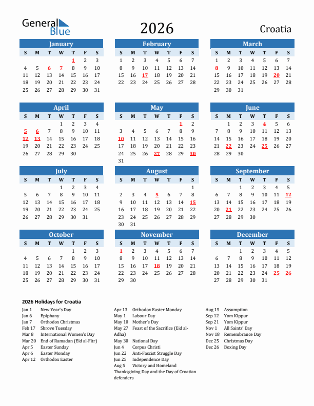 Printable Calendar 2026 with Croatia Holidays (Sunday Start)