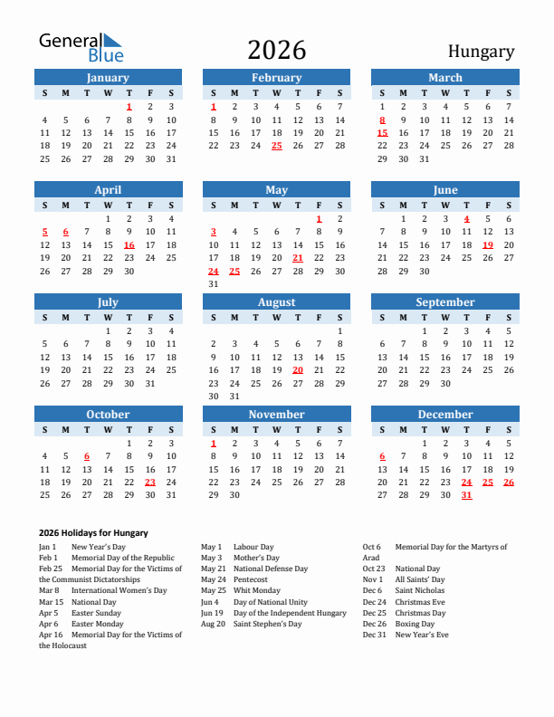 Printable Calendar 2026 with Hungary Holidays (Sunday Start)