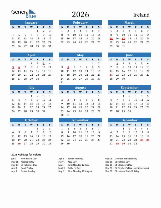 Printable Calendar 2026 with Ireland Holidays (Sunday Start)