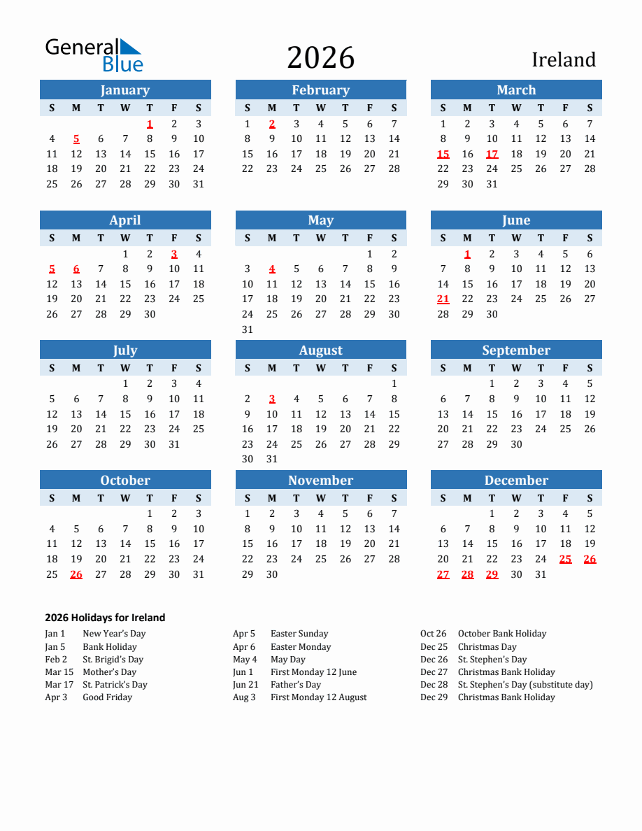 2026 Printable Calendar with Ireland Holidays