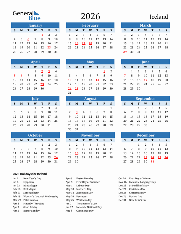 Printable Calendar 2026 with Iceland Holidays (Sunday Start)