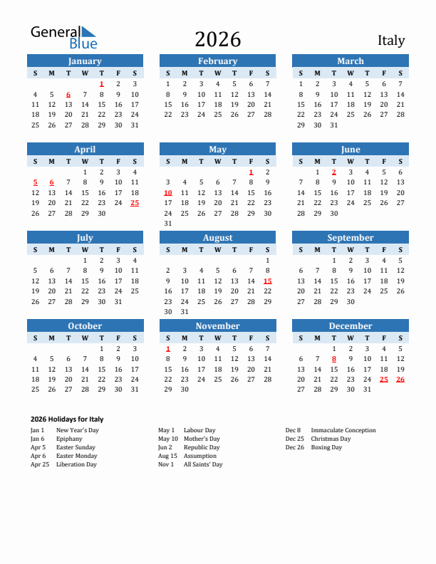 Printable Calendar 2026 with Italy Holidays (Sunday Start)